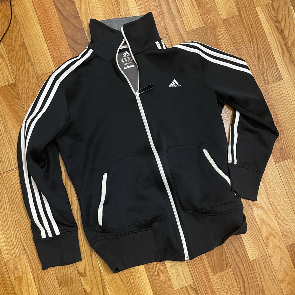Adidas Track Jacket Womens Large Full Zip Black Activewear 3 Stripes Size L